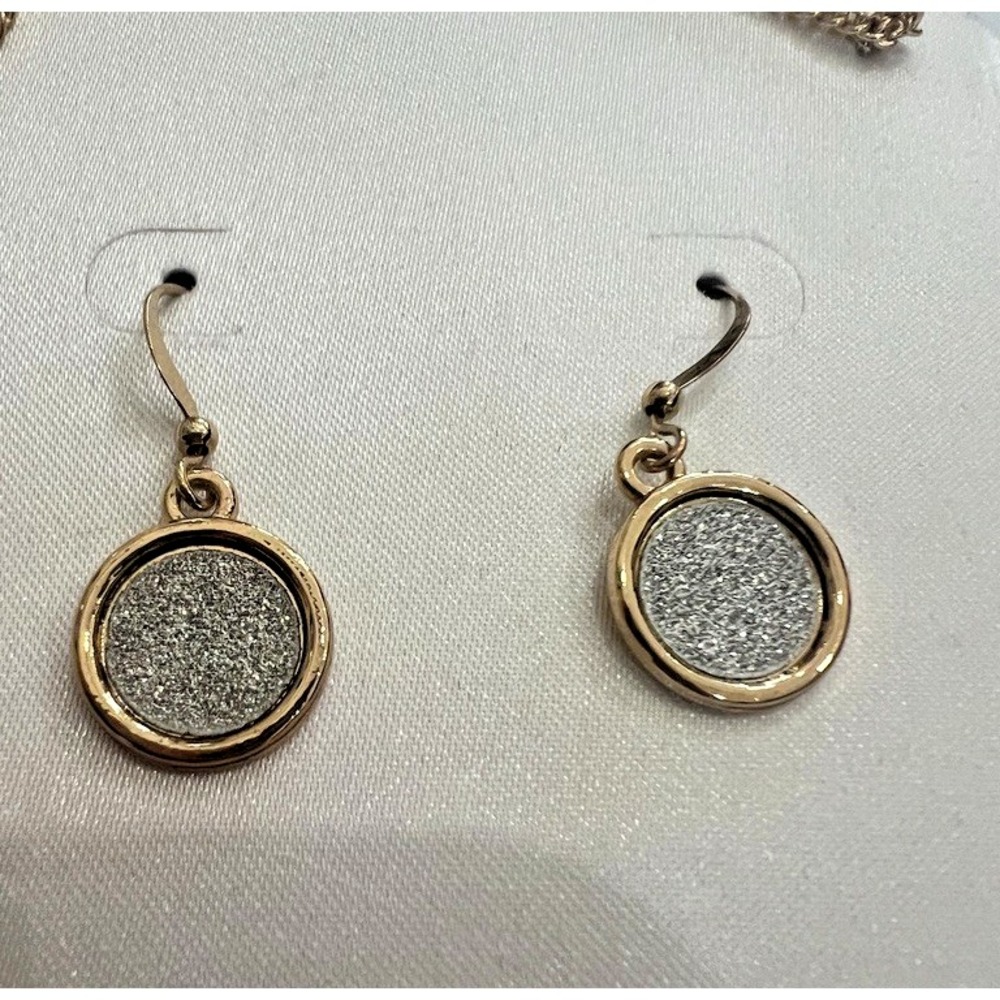 Gold Tone Necklace Earrings Set Silver Glitter Disc Statement NOS Minimal Luxe - Picture 8 of 10